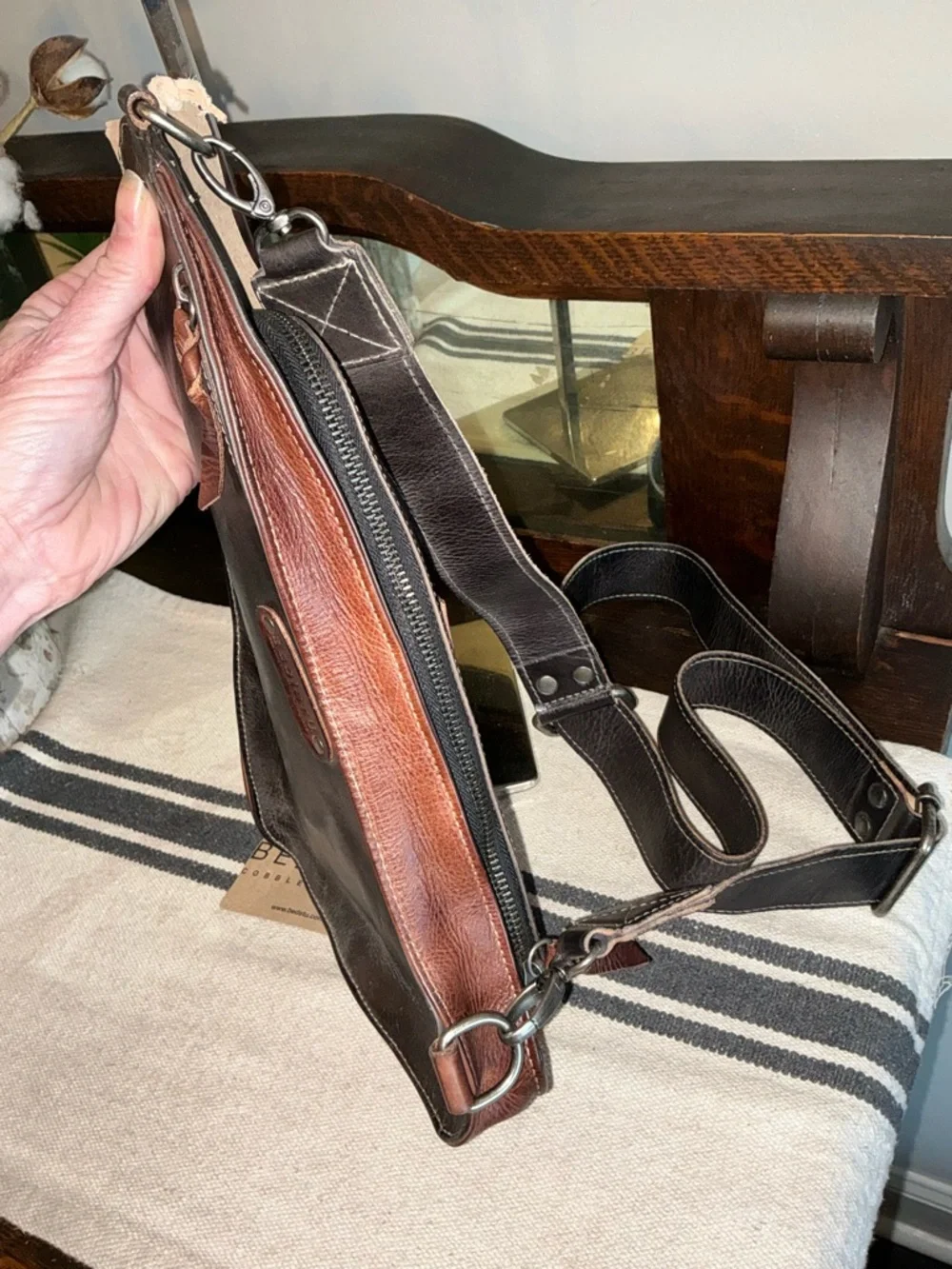 NWT Bed Stu Leather Adept Unisex Sling Backpack Black Teak Rustic MSRP $235
